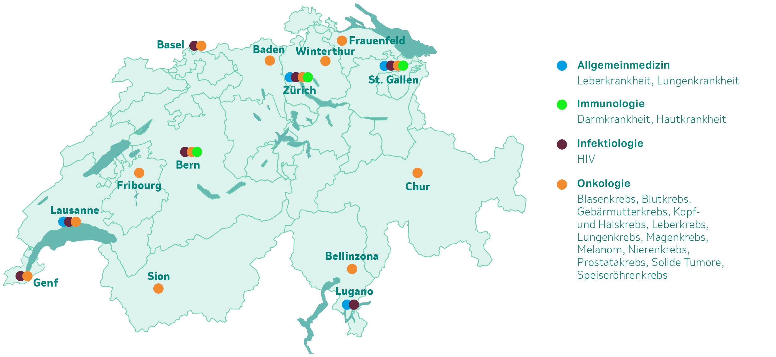 Karte: Standorte Klinische Studie MSD Schweiz (Stand 10/2023)