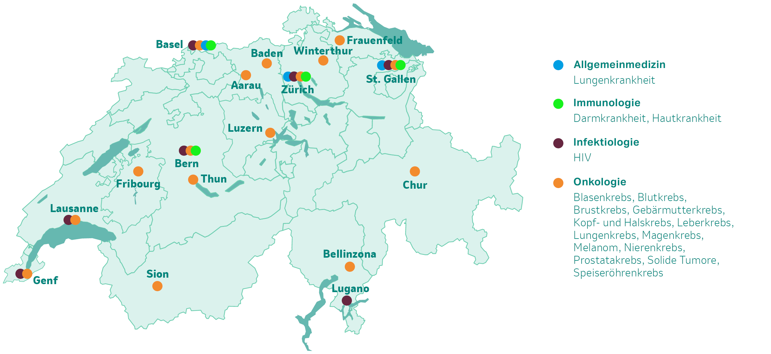Karte: Standorte Klinische Studie MSD Schweiz (Stand 07/2025)
