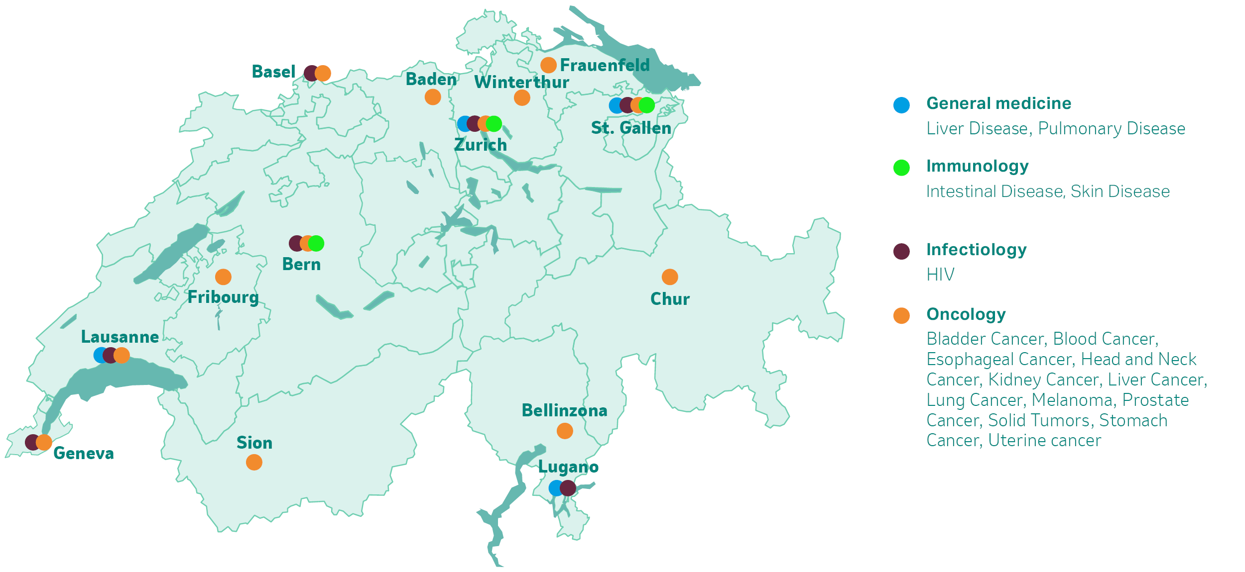 Map: MSD Switzerland clinical trial sites (as of 10/2023)