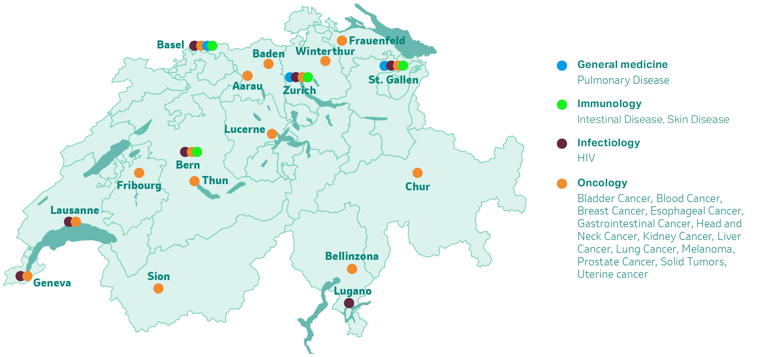 Map: MSD Switzerland clinical trial sites (as of 07/2025)