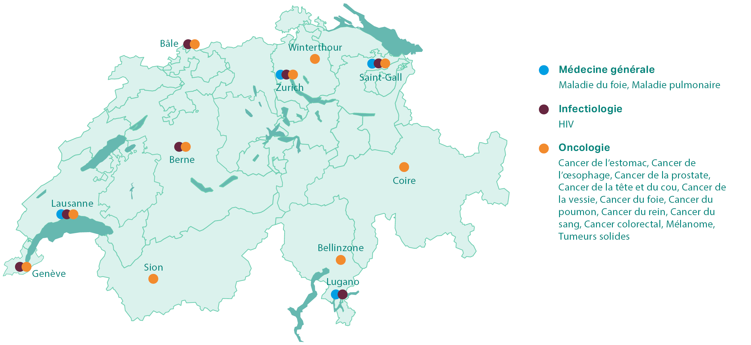 Carte des centres d'étude par domaine des études cliniques