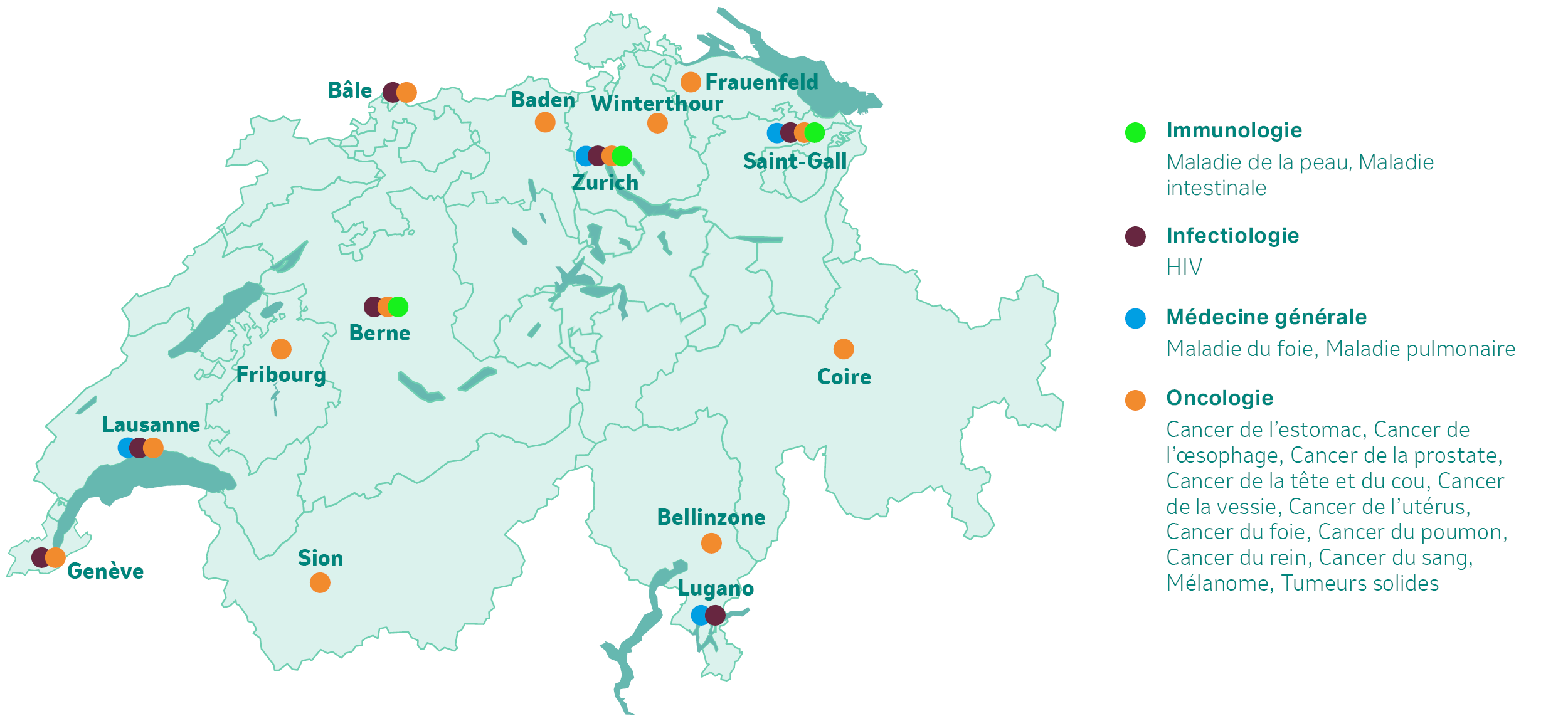 Carte : Sites des études cliniques de MSD Suisse (état 10/2023)