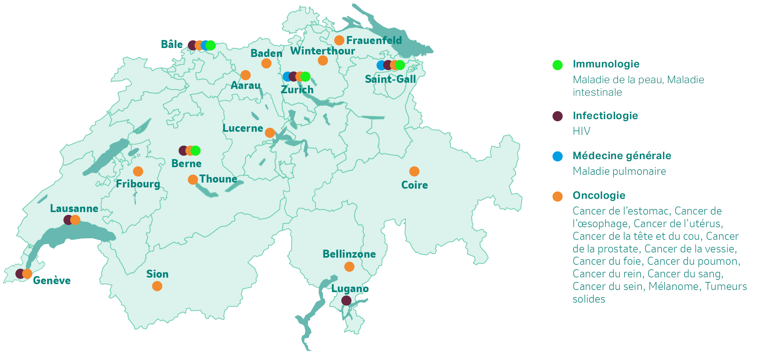 Carte: Sites des études cliniques de MSD Suisse (état 07/2025)