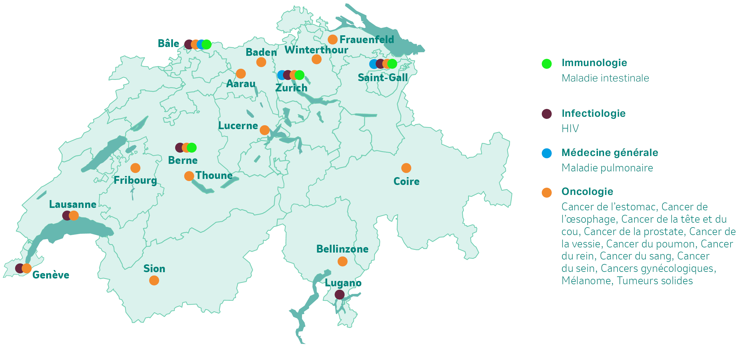 Carte: Sites des études cliniques de MSD Suisse (état 01/2026)
