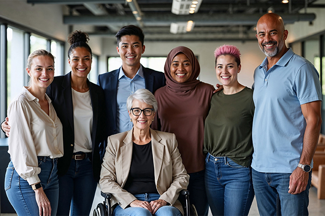 Groupe de six personnes diverses dans un bureau moderne; cinq sont debout côte à côte et sourient, tandis qu’une femme âgée est assise en fauteuil roulant à l’avant. Le groupe reflète une diversité d’âge, d’origine et de style.